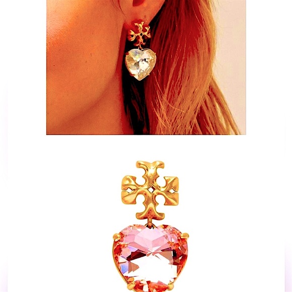 Pink 💖Tory Burch Crystal Heart Earrings Kira gold logo studs miller earring - Picture 3 of 11